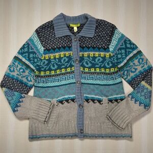 Sigrid‎ Olsen | NWT Fair Isle Knit Soft Silk Angora Blend Blue Cardigan Size XL